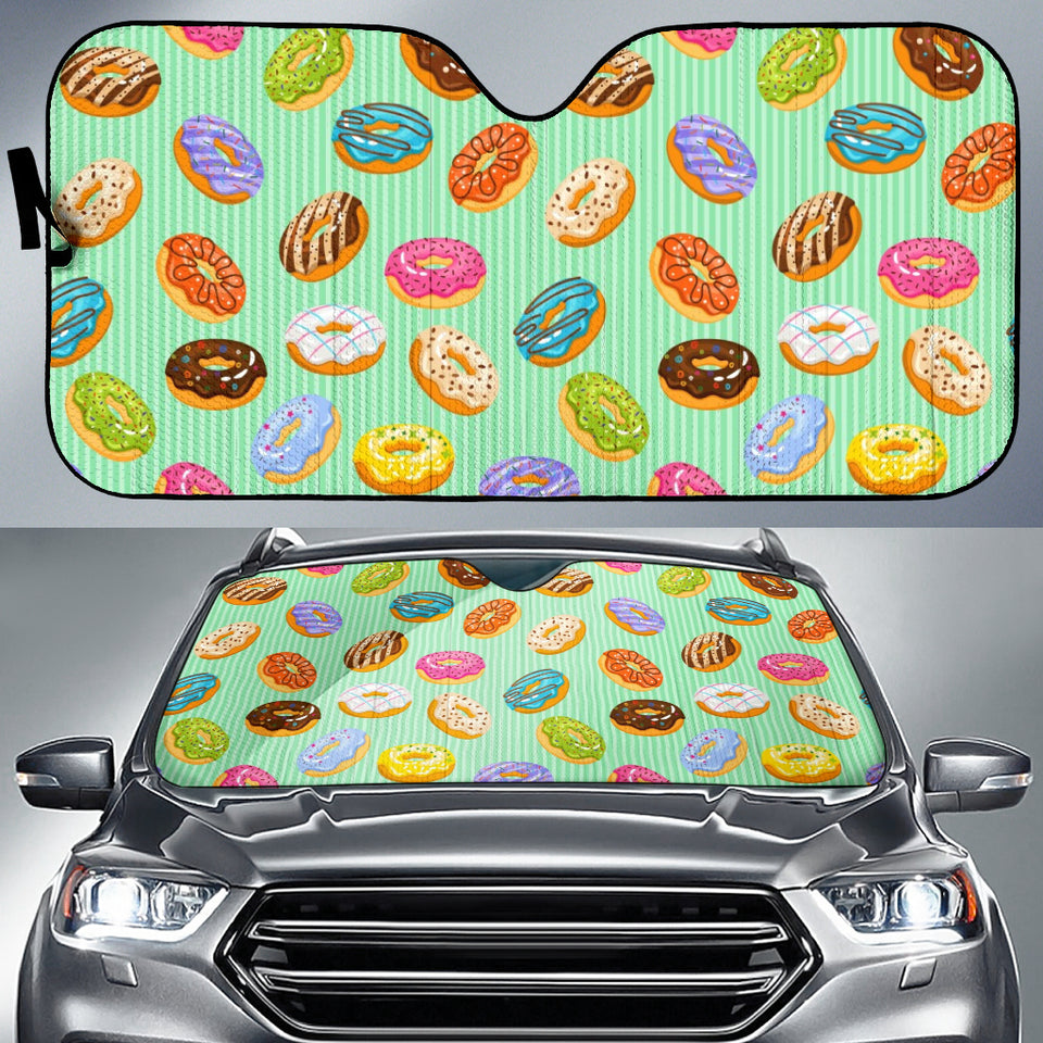 Colorful Donut Pattern Green Background Car Sun Shade