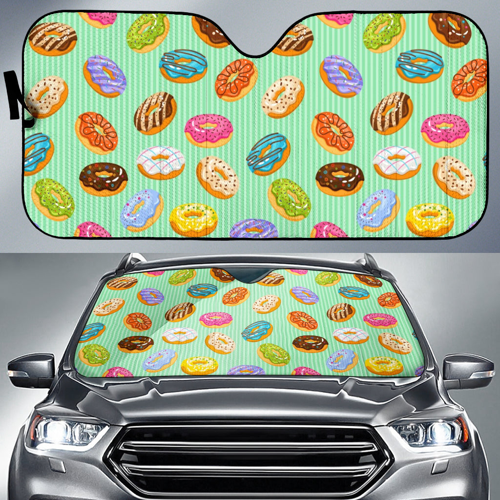 Colorful Donut Pattern Green Background Car Sun Shade