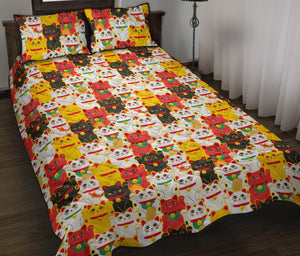 Colorful Maneki Neko Lucky Cat pattern Quilt Bed Set
