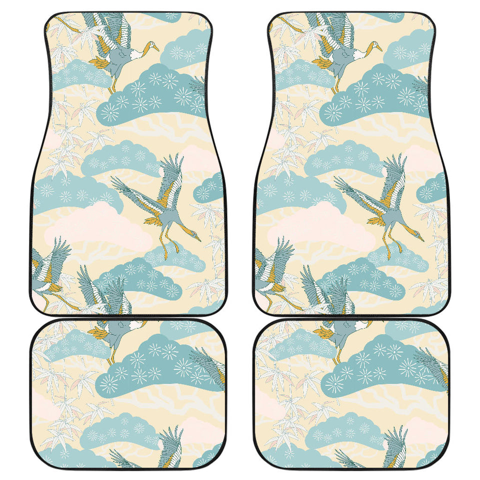 Bonsai Bamboo Stork Japanese Pattern Cream Theme Front And Back Car Mats