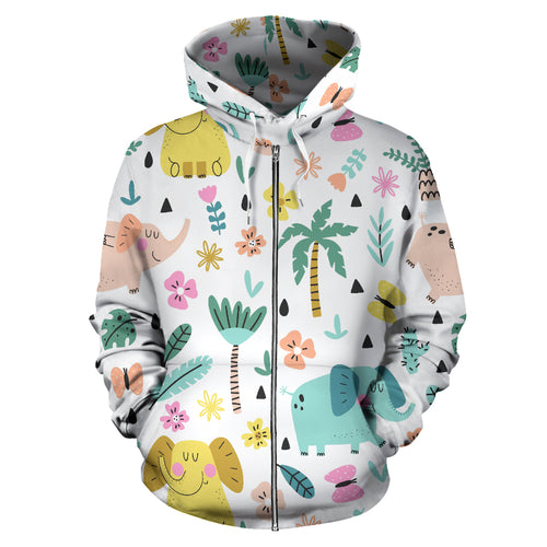 Cute Elephants Palm Tree Flower Butterfly Pattern Zip Up Hoodie