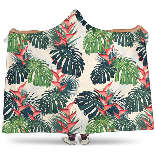 Heliconia Flowers, Palm And Monstera Leaves Hooded Blanket