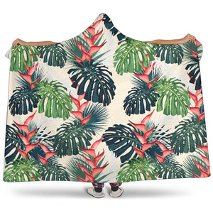 Heliconia Flowers, Palm And Monstera Leaves Hooded Blanket