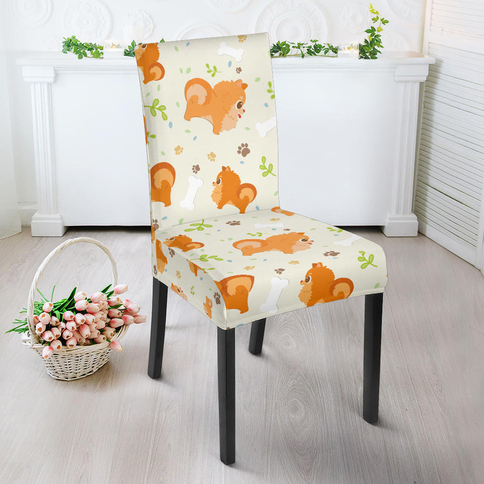 Cute Brown Pomeranian Paw Leave Bone Pattern Dining Chair Slipcover