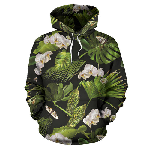 White Orchid Flower Tropical Leaves Pattern Blackground Men Women Pullover Hoodie