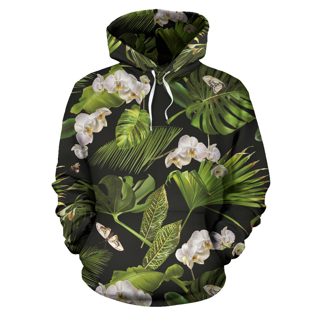 White Orchid Flower Tropical Leaves Pattern Blackground Men Women Pullover Hoodie