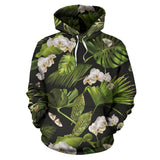 White Orchid Flower Tropical Leaves Pattern Blackground Men Women Pullover Hoodie