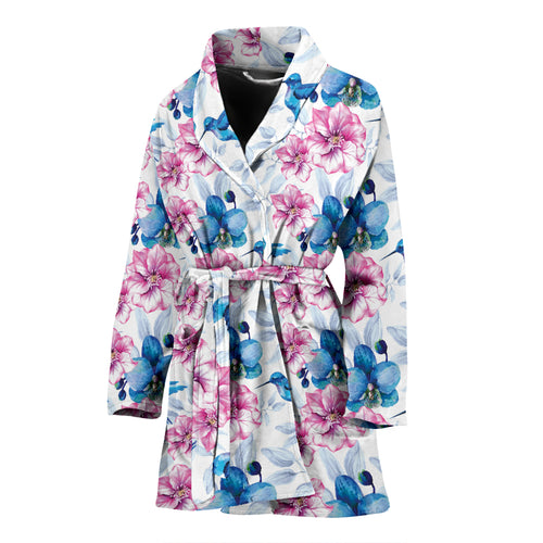 Hummingbird Pattern Print Design 02 Women's Bathrobe