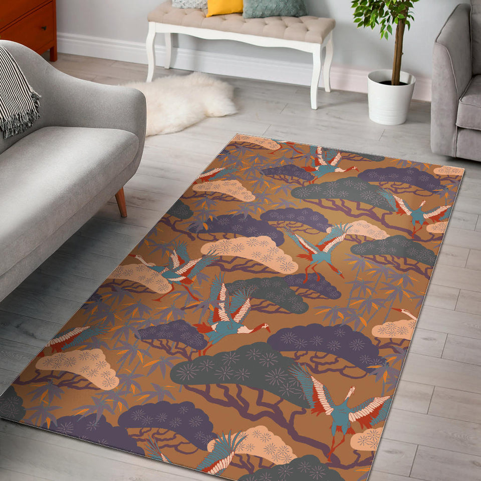 Bonsai Bamboo Stork Japanese Pattern Brown Theme Area Rug