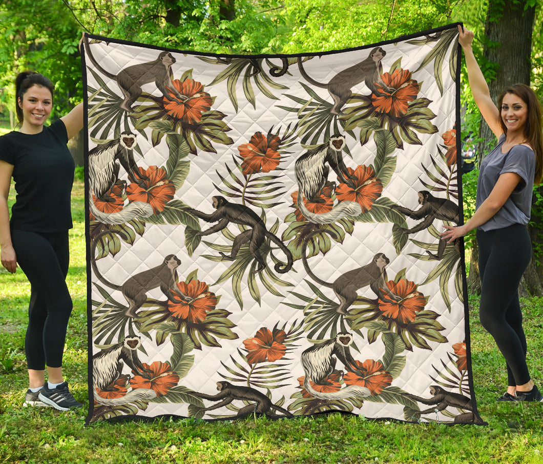 Monkey Red Hibiscus Flower Palm Leaves Floral Pattern Premium Quilt