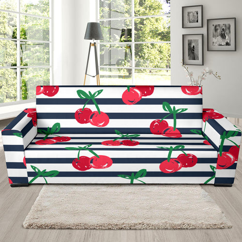 Hand Drawn Cherry Pattern Striped Background Sofa Slipcover