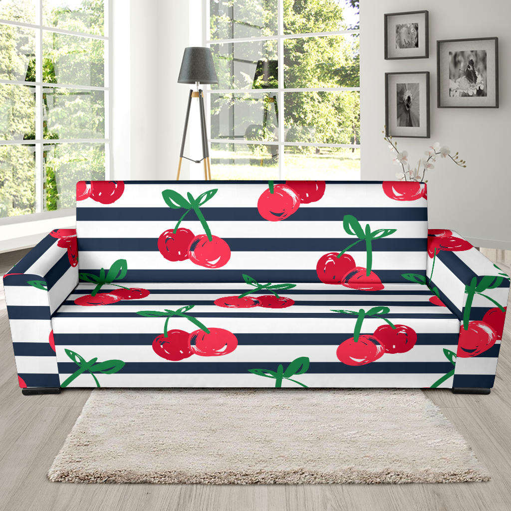 Hand Drawn Cherry Pattern Striped Background Sofa Slipcover