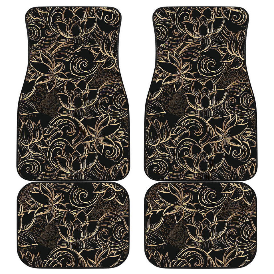 Luxurious Gold Lotus Waterlily Black Background Front And Back Car Mats
