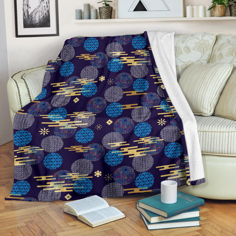 Blue Japanese Pattern Cloud Wave Flower Premium Blanket