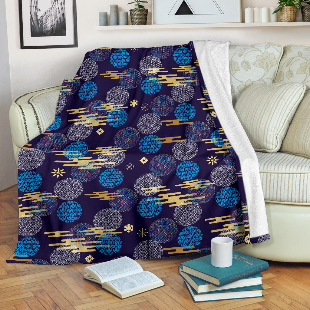 Blue Japanese Pattern Cloud Wave Flower Premium Blanket