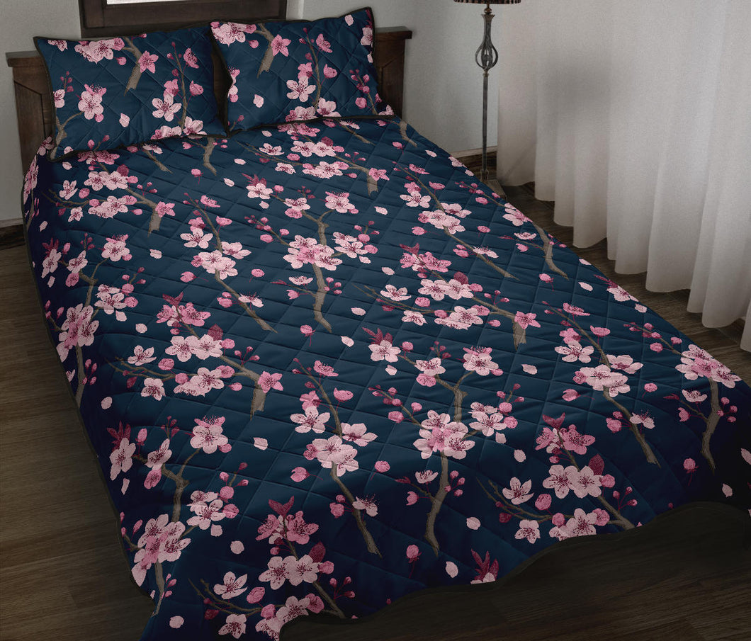 Pink sakura cherry blossom blue background Quilt Bed Set