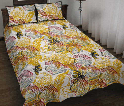 Cool Bee honeycomb leaves pattern Quilt Bed Set