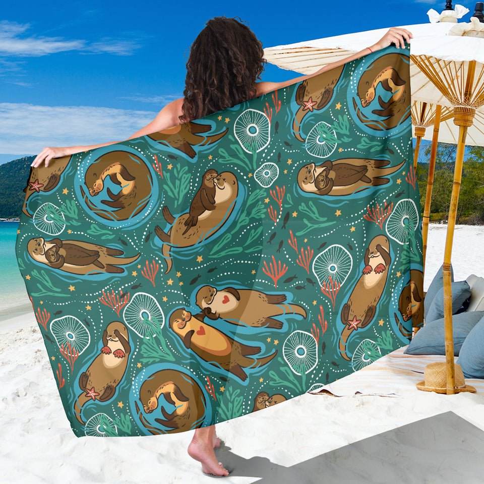 Cute Brown Sea Otters Ornamental Seaweed Corals Green Water Sarong