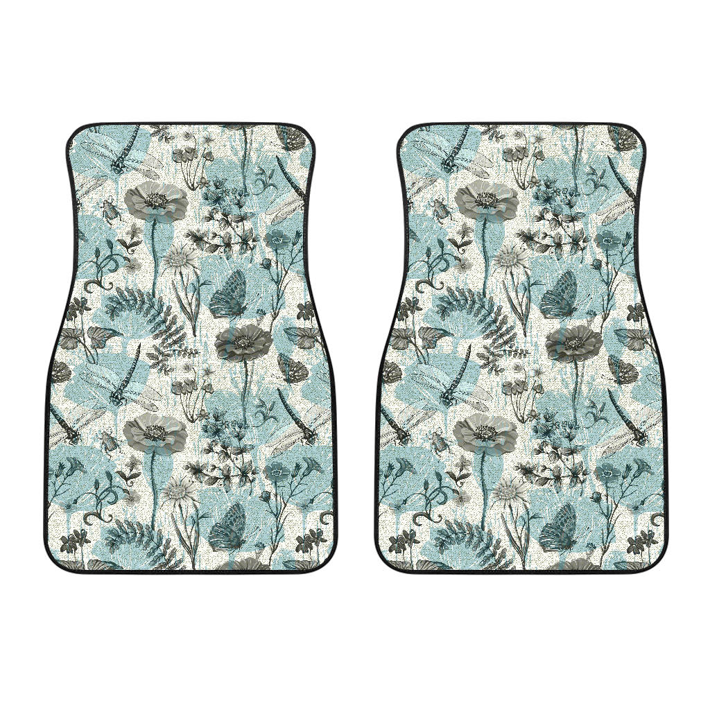 Dragonfly Butterfly Plants Insect Flower Vintage Style Pattern Front Car Mats