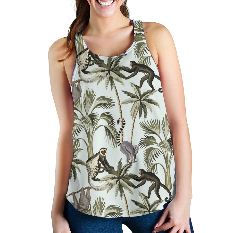 Monkey sloth lemur palm trees pattern Women Racerback Tank Top