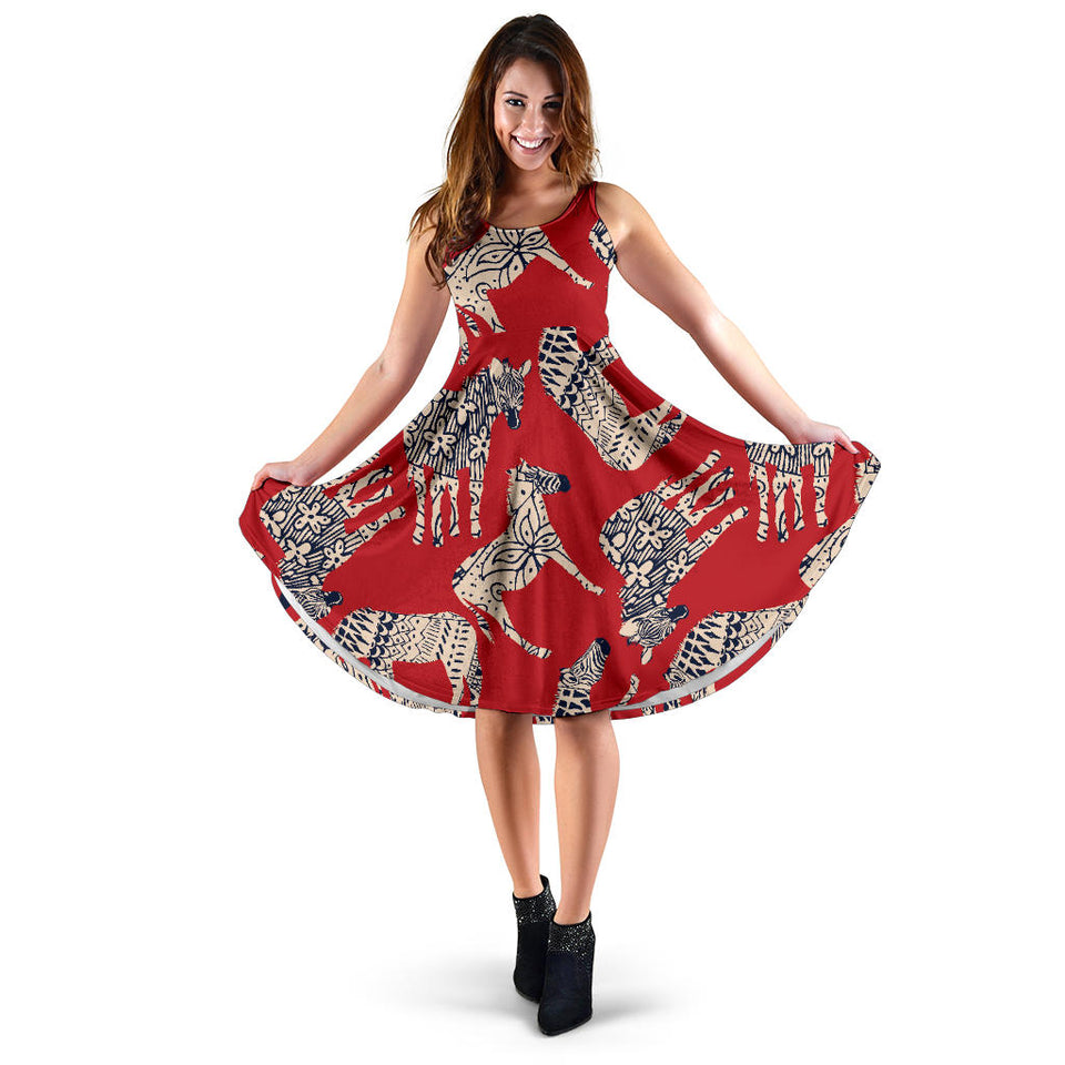 Zebra Abstract Red Background Sleeveless Midi Dress