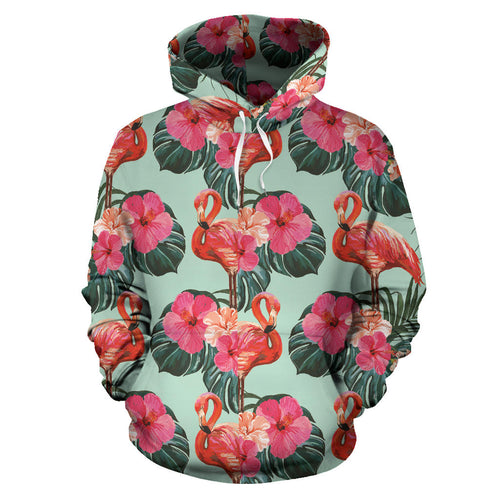 Beautiful Flamingo Tropical Palm Leaves Hibiscus Pateern Background Men Women Pullover Hoodie