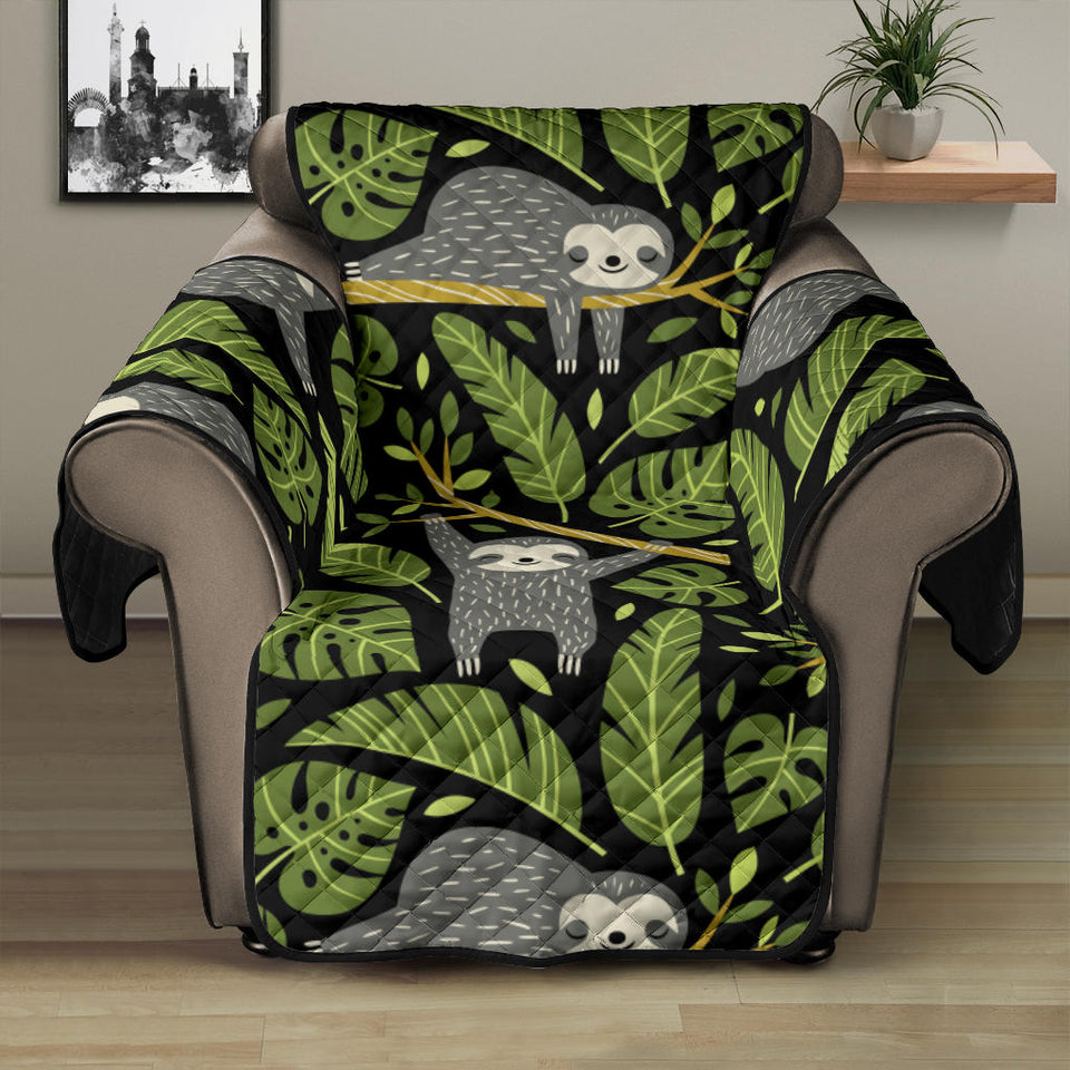 Cute sloths tropical palm leaves black background Recliner Cover Protector