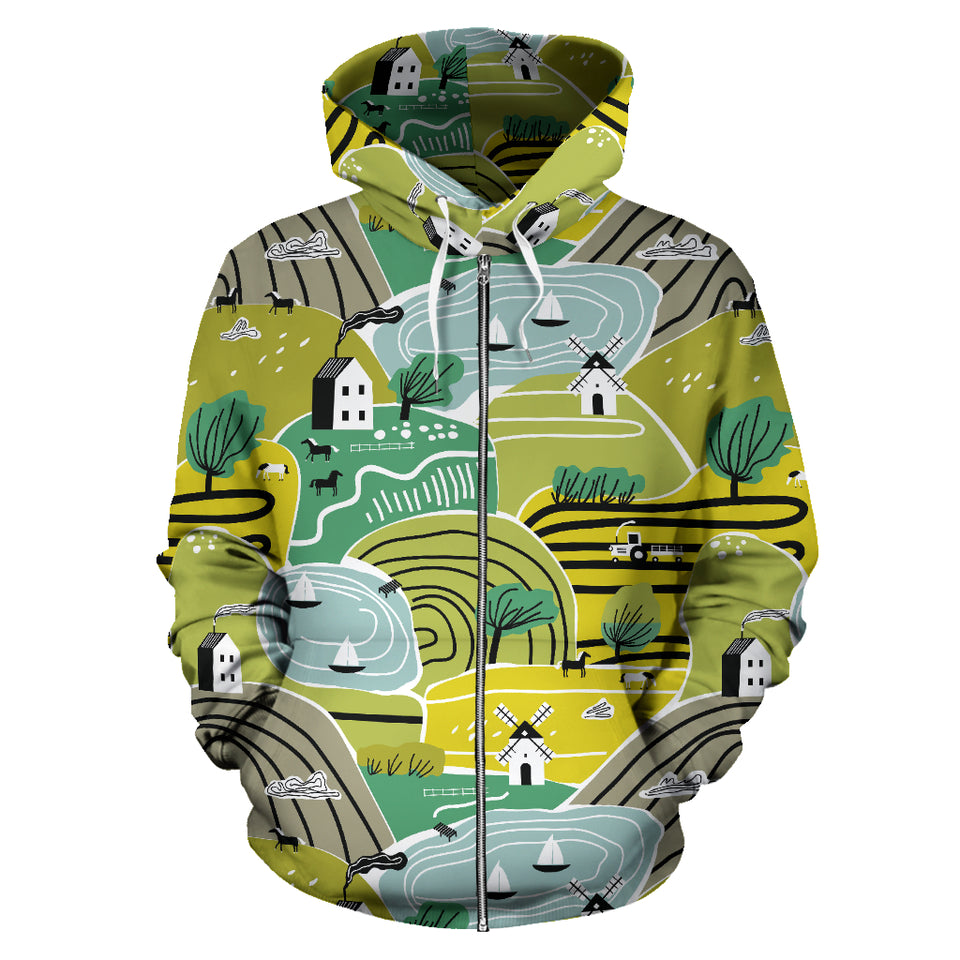 Hand Drawn Windmill Pattern Zip Up Hoodie