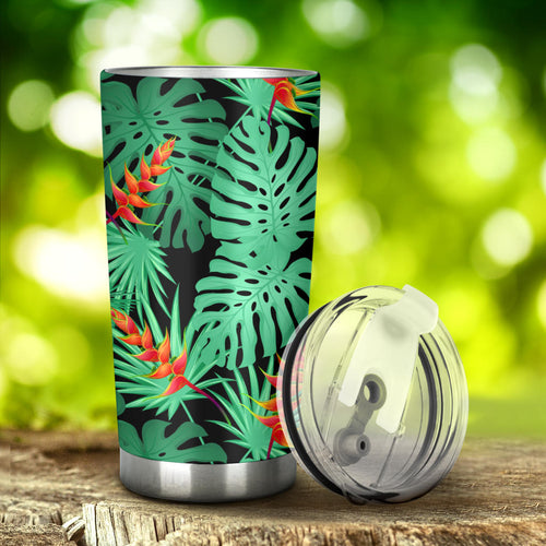 Heliconia Flower Palm Monstera Leaves Black Background Tumbler