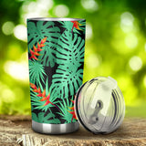 Heliconia Flower Palm Monstera Leaves Black Background Tumbler