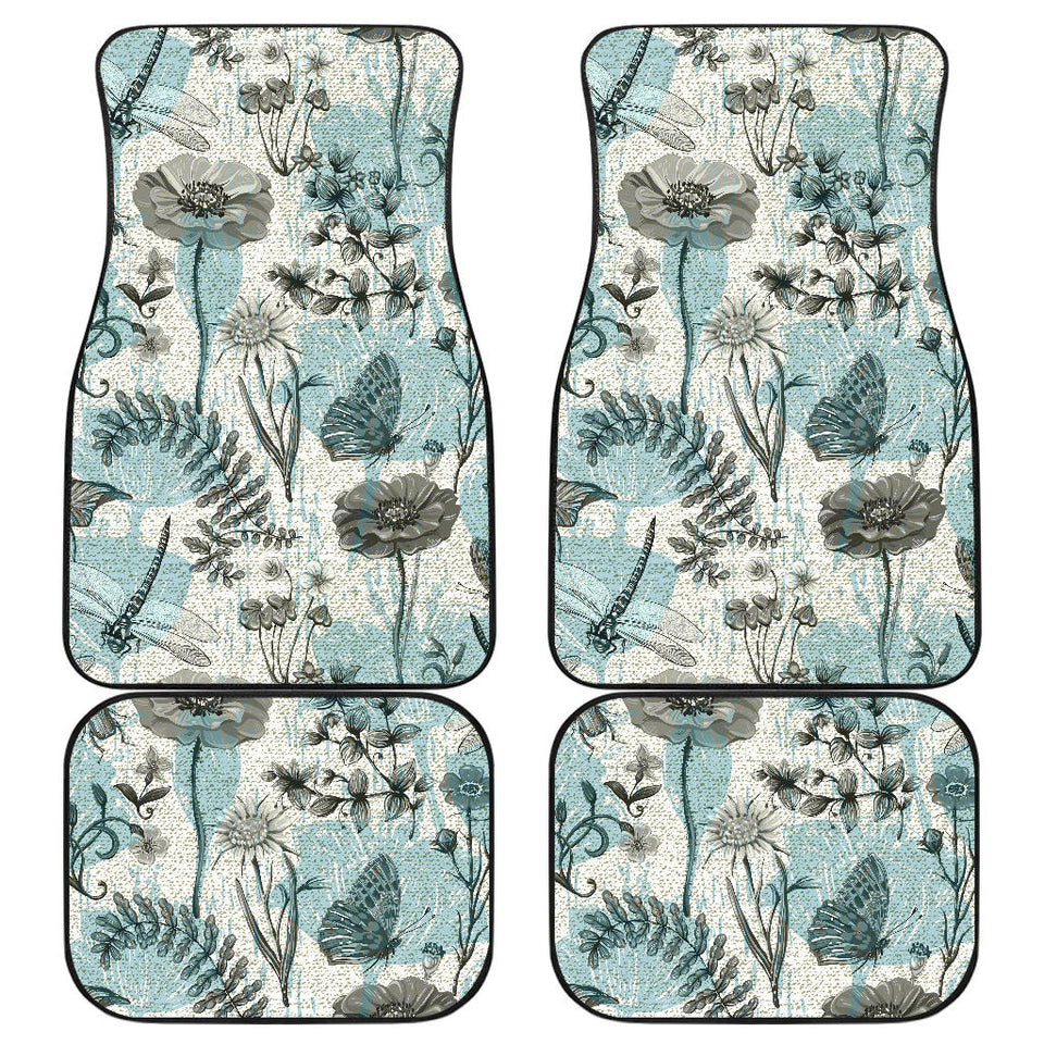 Dragonfly Butterfly Plants Insect Flower Vintage Style Pattern Front And Back Car Mats