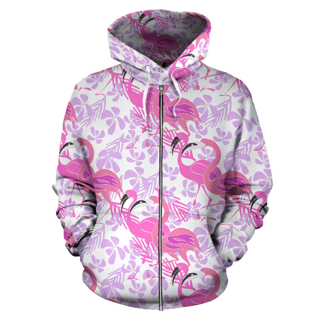 Pink Flamingo Flower Pattern Zip Up Hoodie