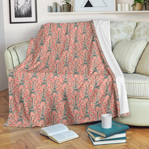 Eiffel Tower Flower Background Pattern Print Design 03 Premium Blanket