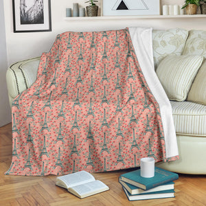 Eiffel Tower Flower Background Pattern Print Design 03 Premium Blanket
