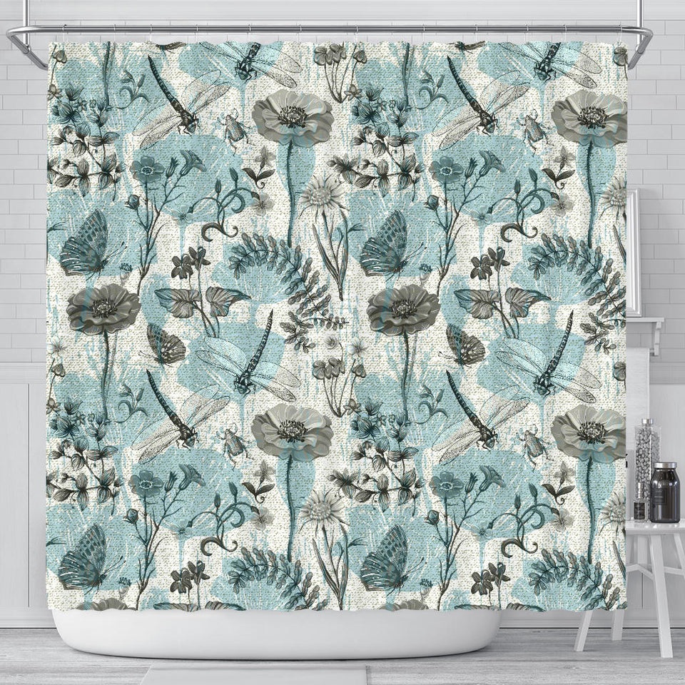 Dragonfly Butterfly Plants Insect Flower Vintage Style Pattern Shower Curtain Fulfilled In US