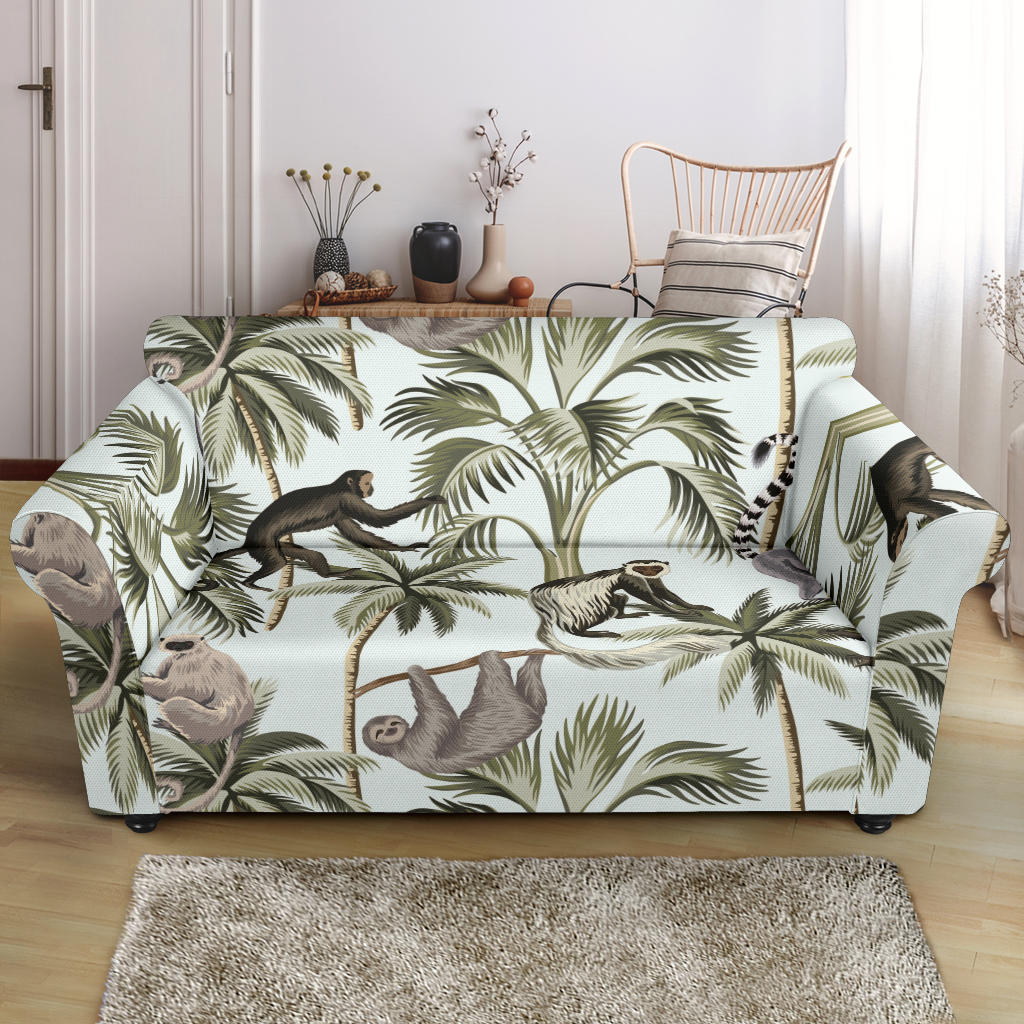 Monkey Sloth Lemur Palm Trees Pattern Loveseat Couch Slipcover