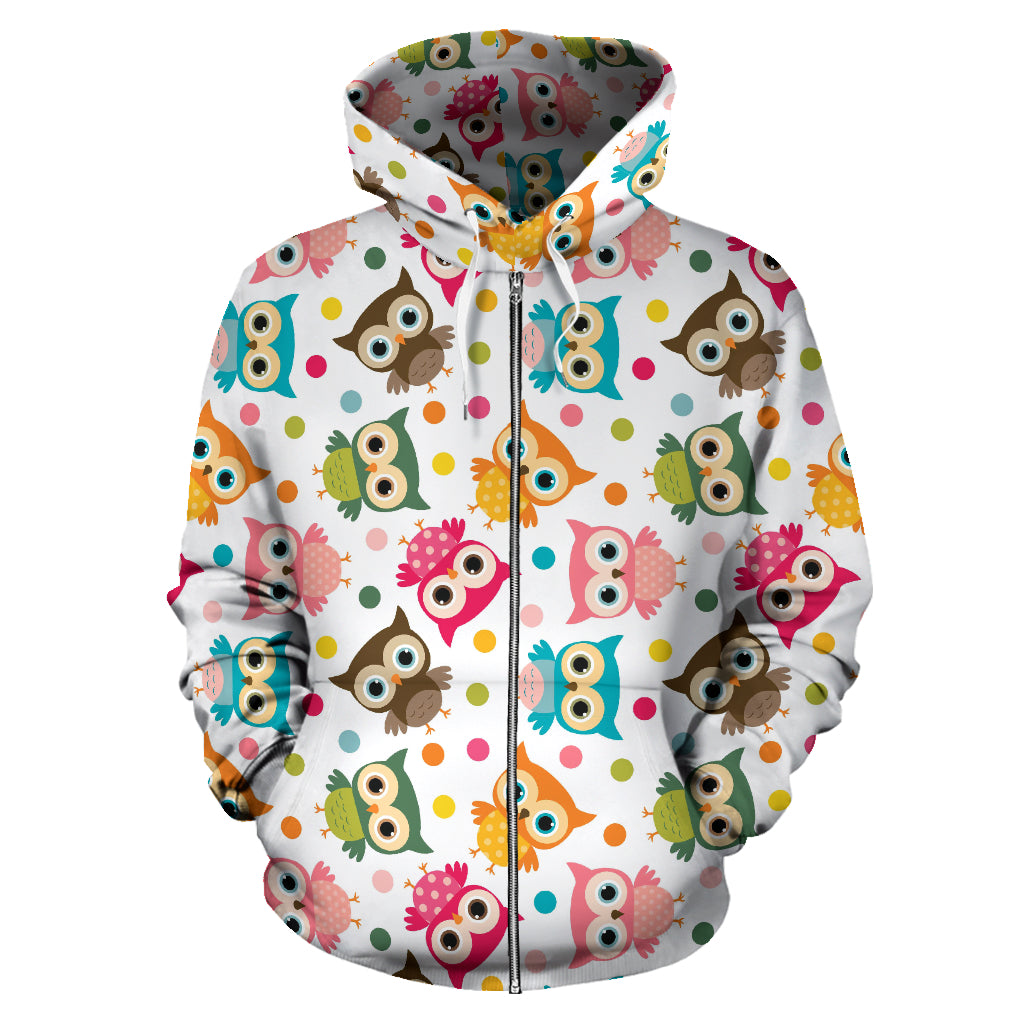 Color Cute Owl Pattern Zip Up Hoodie