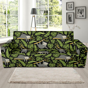 Cute Sloths Tropical Palm Leaves Black Background Sofa Slipcover