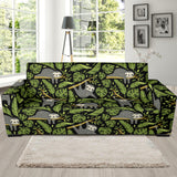 Cute Sloths Tropical Palm Leaves Black Background Sofa Slipcover