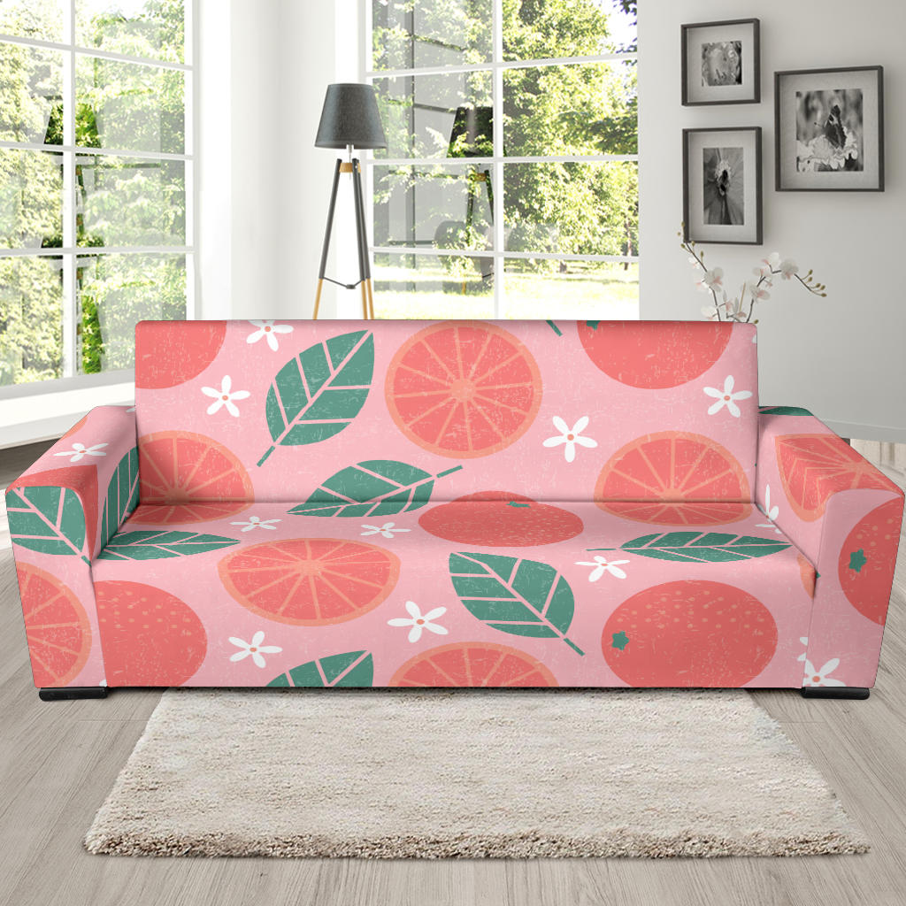 Grapefruit Leaves Flower Pink Background Sofa Slipcover