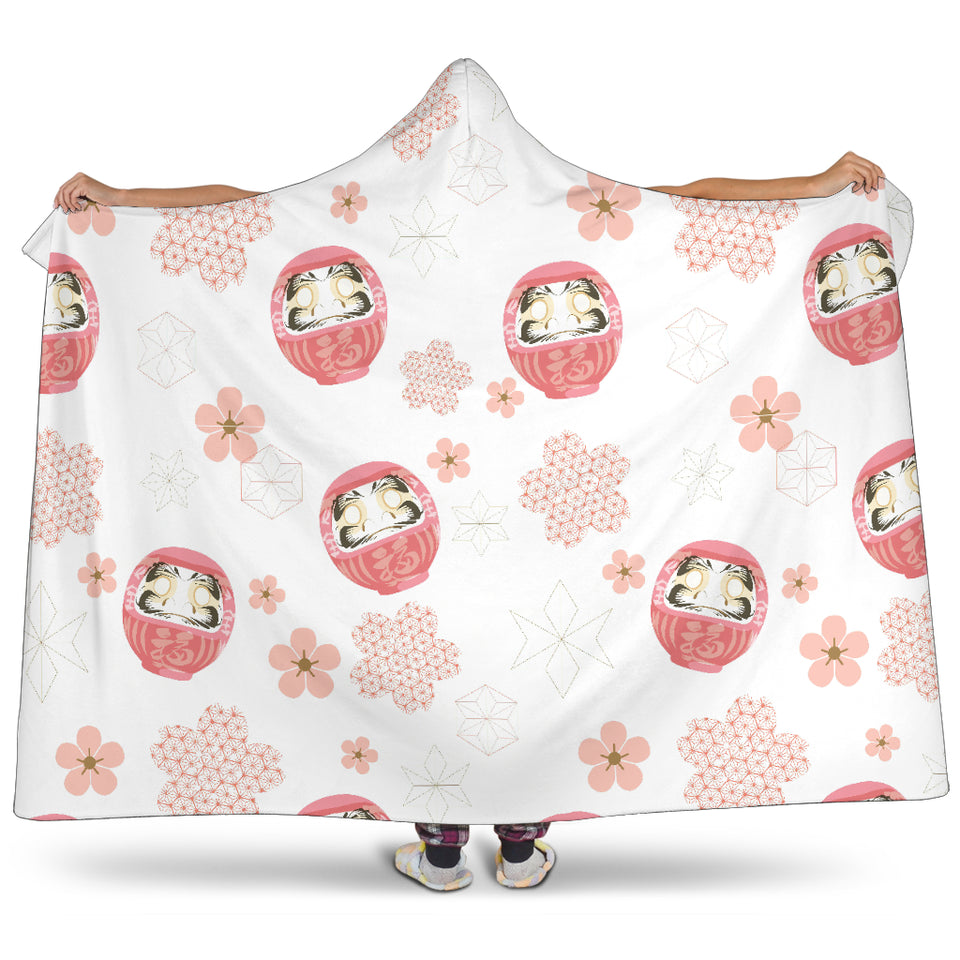 Daruma Japanese Wooden Doll Cherry Blossom Flower Pattern Hooded Blanket