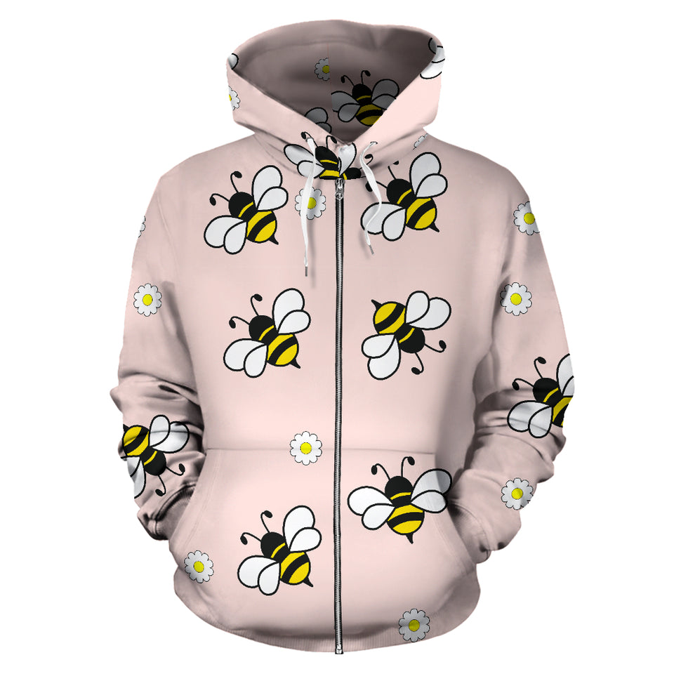 Cute Bee Flower Pattern Pink Background Zip Up Hoodie