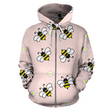 Cute Bee Flower Pattern Pink Background Zip Up Hoodie