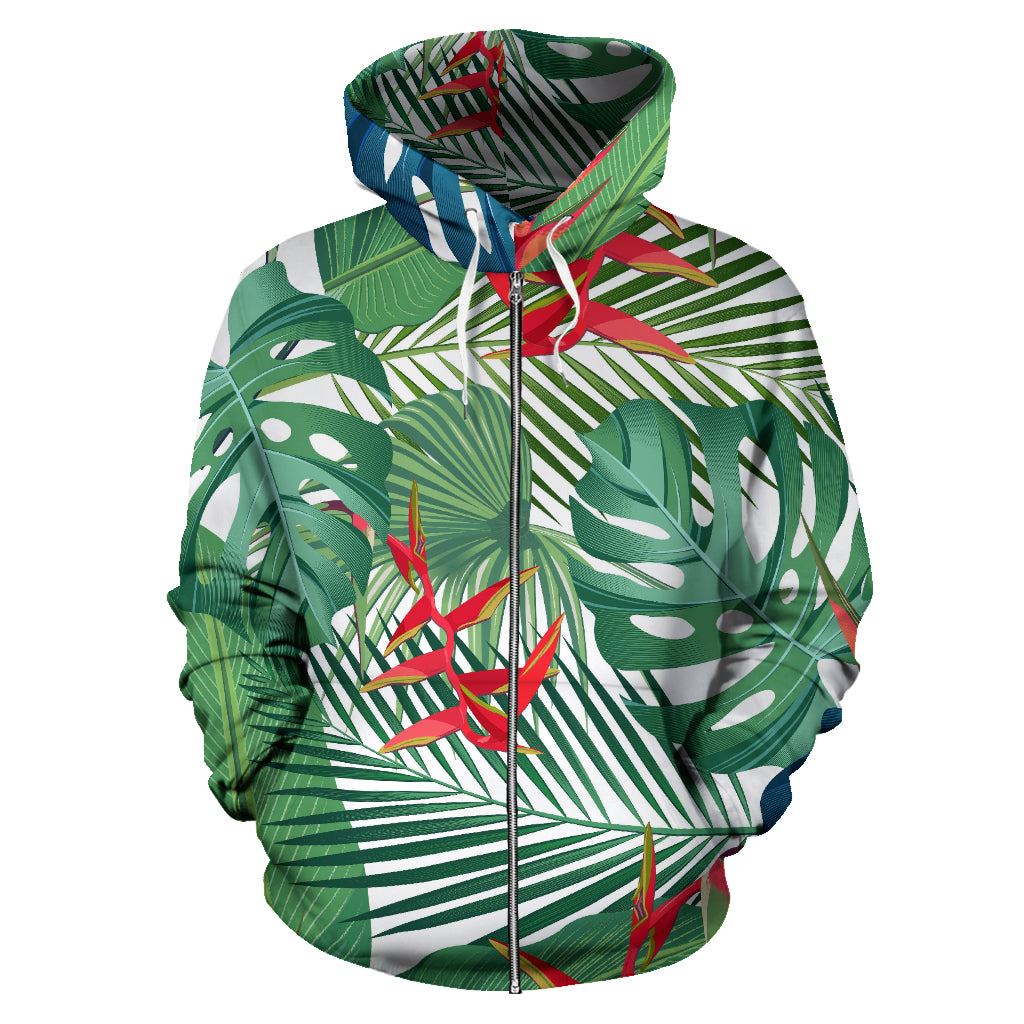 Heliconia Palm And Monstera  Leaves Pattern Zip Up Hoodie