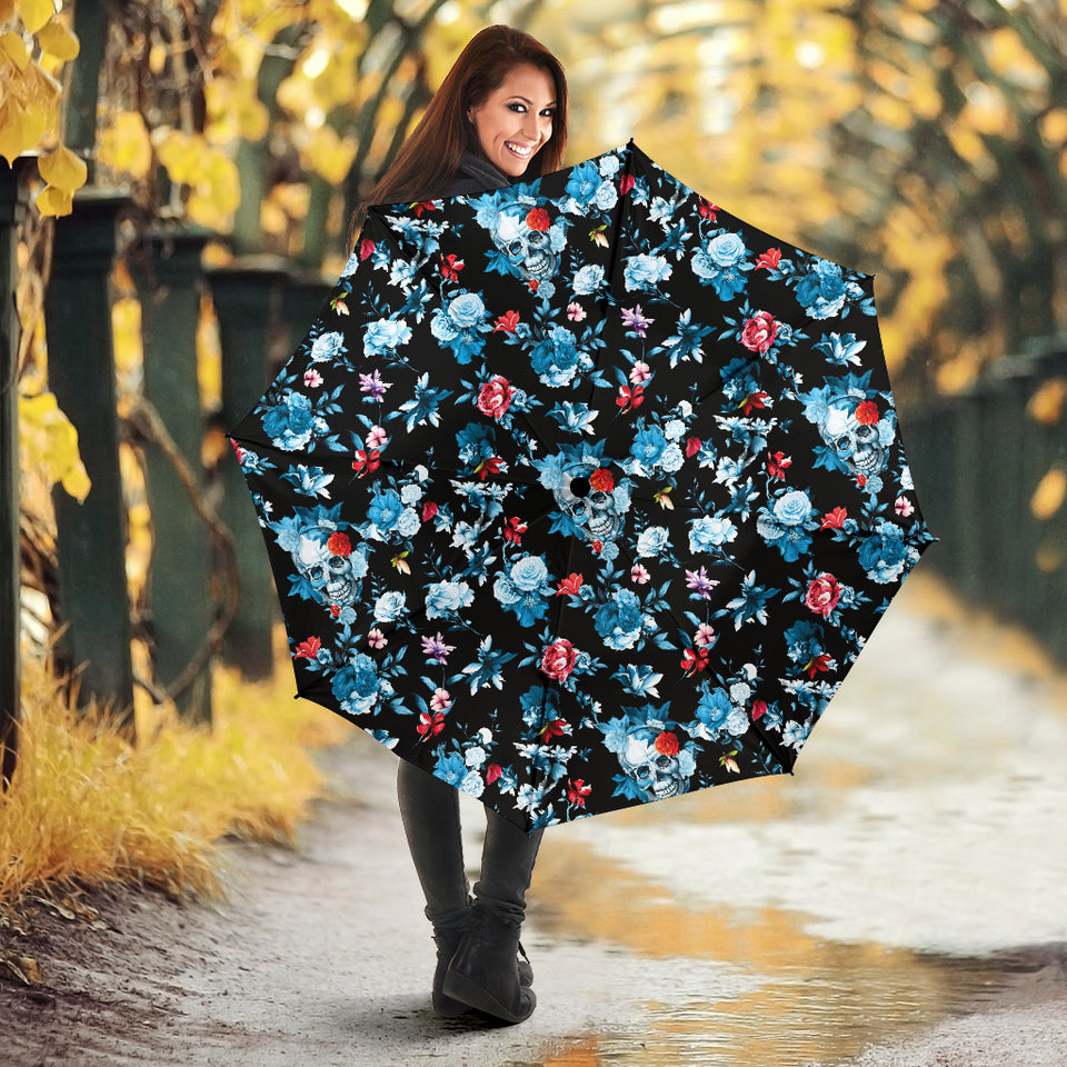Skull Flower Roses Leave Pattern Umbrella