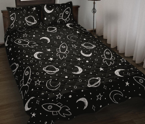 Hand drawn space rocket star planet Quilt Bed Set