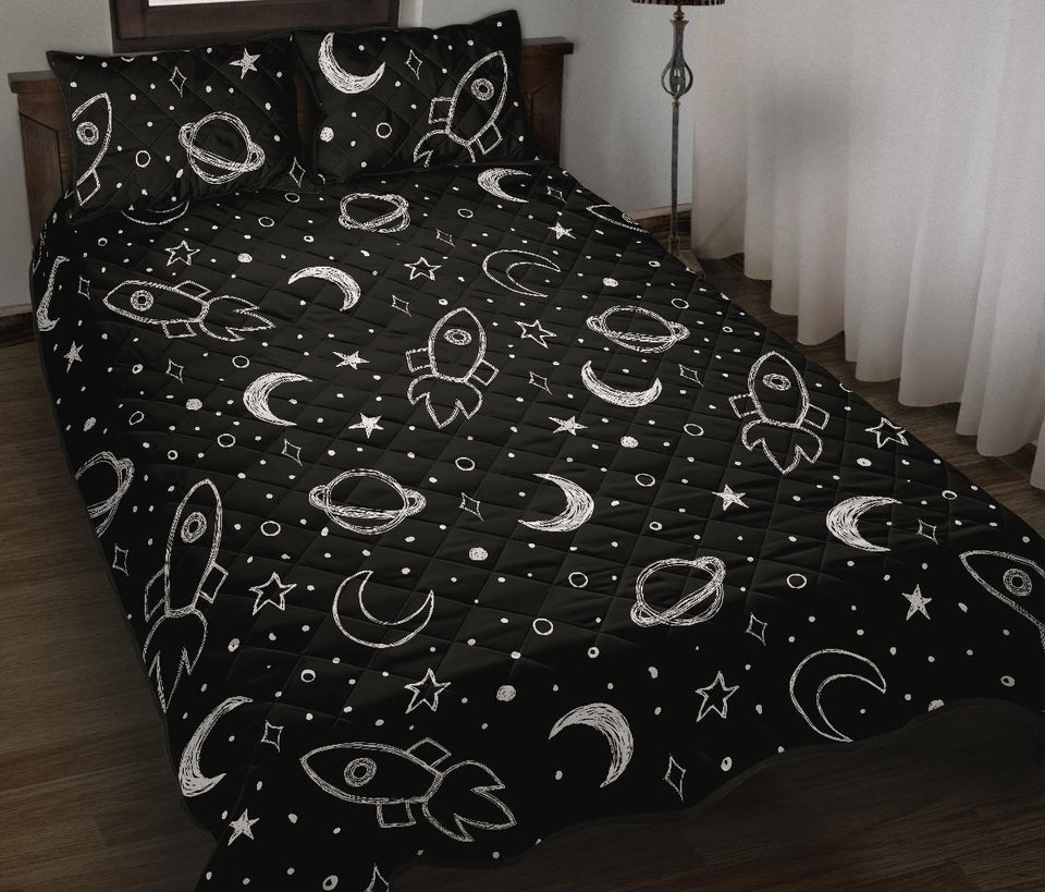 Hand drawn space rocket star planet Quilt Bed Set