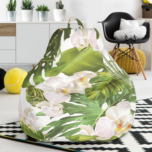 White Orchid Flower Tropical Leaves Pattern Bean Bag Cover