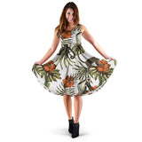 Monkey Red Hibiscus Flower Palm Leaves Floral Pattern Sleeveless Midi Dress