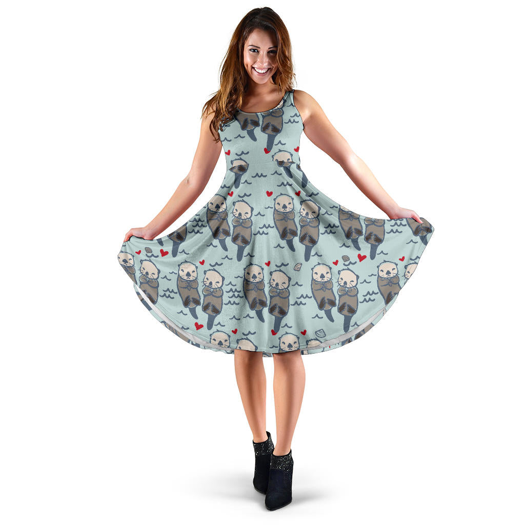 Lovely Sea Otter Pattern Sleeveless Midi Dress